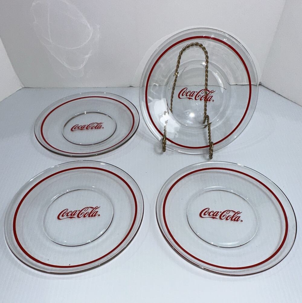 Coca-Cola Clear Glass, 8 inch Sandwich Plates Red Logo Rim Stripe Set of 4
